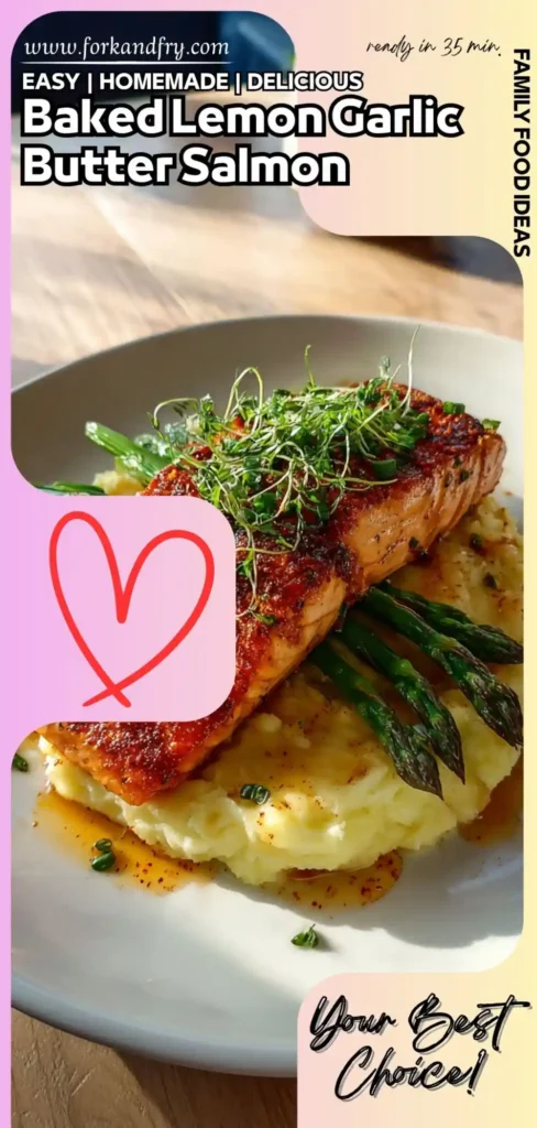 Baked Lemon Garlic Butter Salmon with Creamy Mash baked lemon garlic butter salmon on mashed potatoes with asparagus in a Pinterest pin