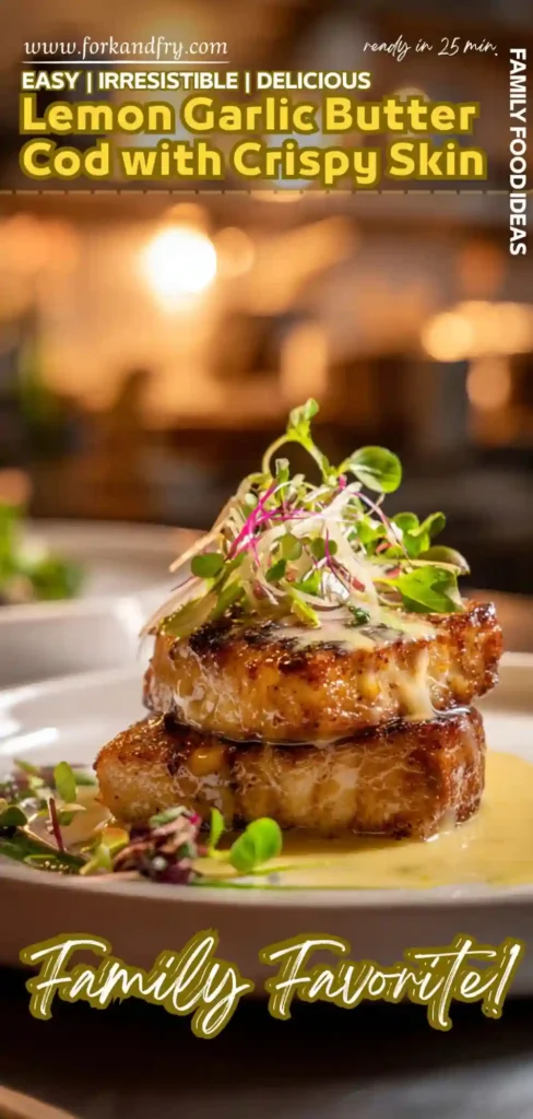 Lemon Garlic Butter Cod with Crispy Skin Stacked crispy cod fillets drizzled with lemon garlic butter and topped with microgreens, plated with sauce