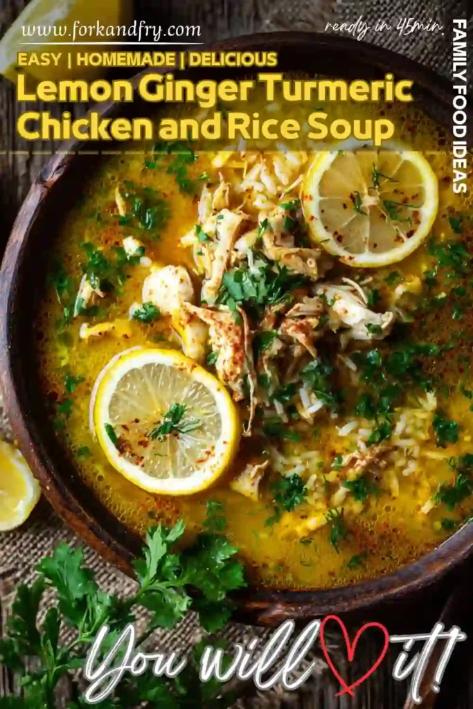 Lemon Ginger Chicken Soup Recipe – Easy, Bold u0026 Healing ustic bowl of lemon ginger turmeric chicken soup with fresh parsley and lemon slices