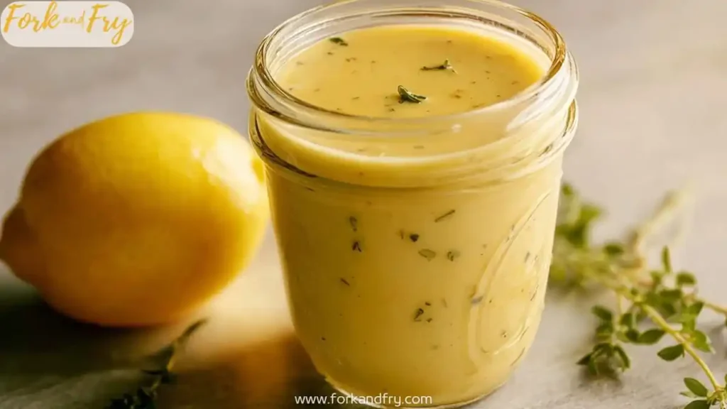 Creamy lemon herb dressing in mason jar with fresh thyme and lemon