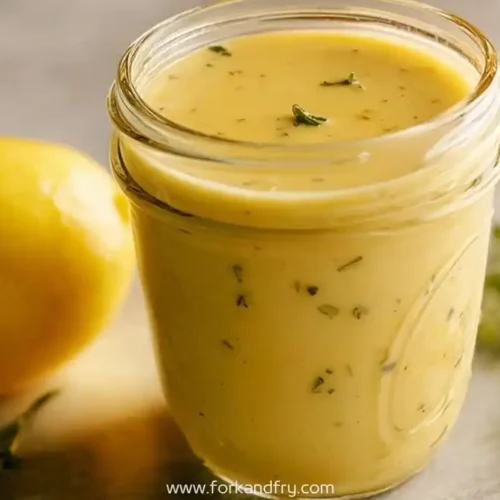 Creamy lemon herb dressing in mason jar with fresh thyme and lemon