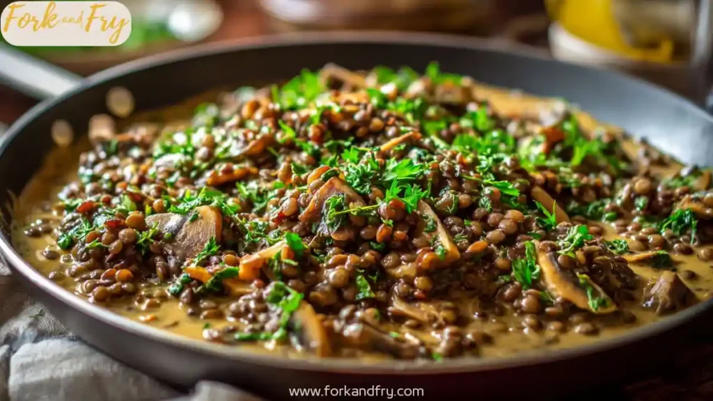 creamy lentil mushroom stroganoff in a skillet topped with fresh parsley