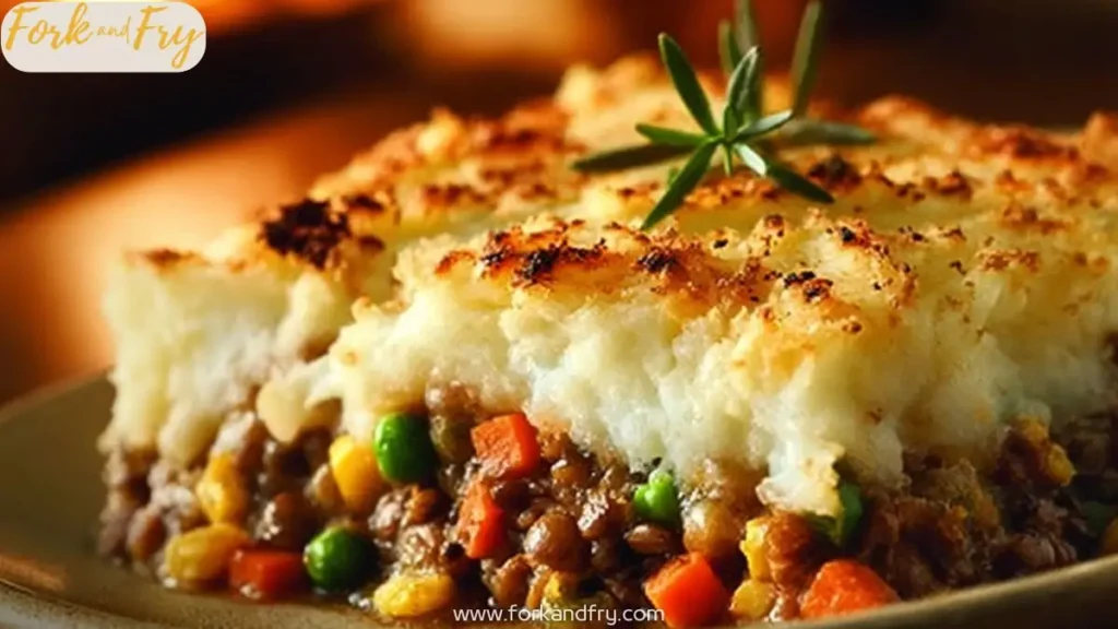 slice of lentil shepherd's pie with mashed potato topping and vegetables on a plate