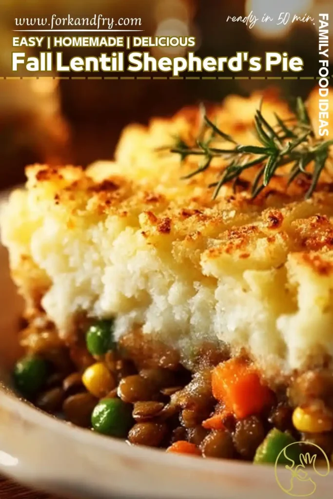close-up of lentil shepherd’s pie slice topped with mashed potatoes and garnished with rosemary