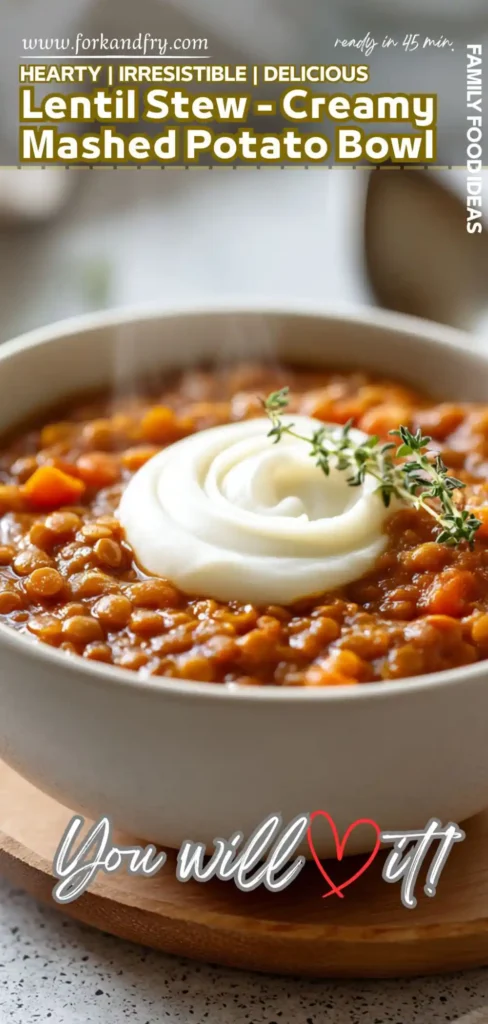Lentil Stew and Mashed Potato Bowl with Creamy Swirl bowl of lentil stew with creamy mashed potato swirl and thyme on top