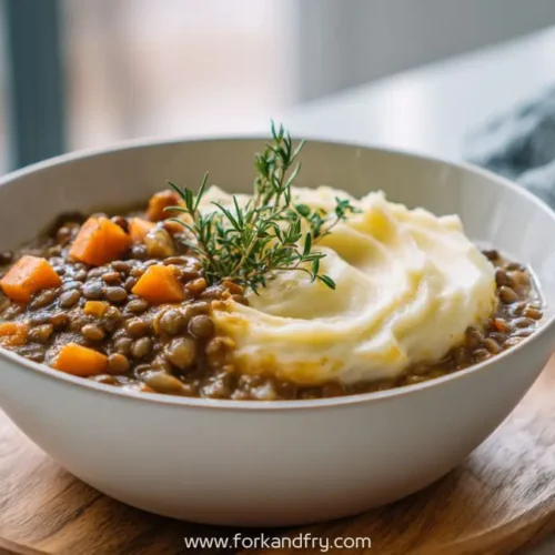 bowl of lentil stew with mashed potatoes and fresh rosemary on a wooden tray