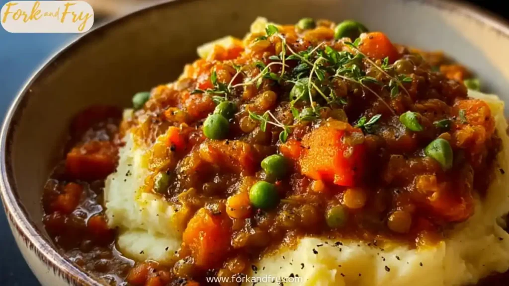 hearty lentil stew with carrots and peas over creamy mashed potatoes