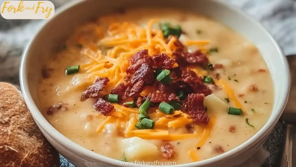 Creamy loaded potato soup topped with shredded cheddar, crispy bacon, and chopped green onions