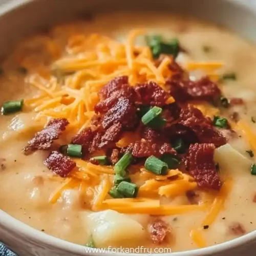 Creamy loaded potato soup topped with shredded cheddar, crispy bacon, and chopped green onions