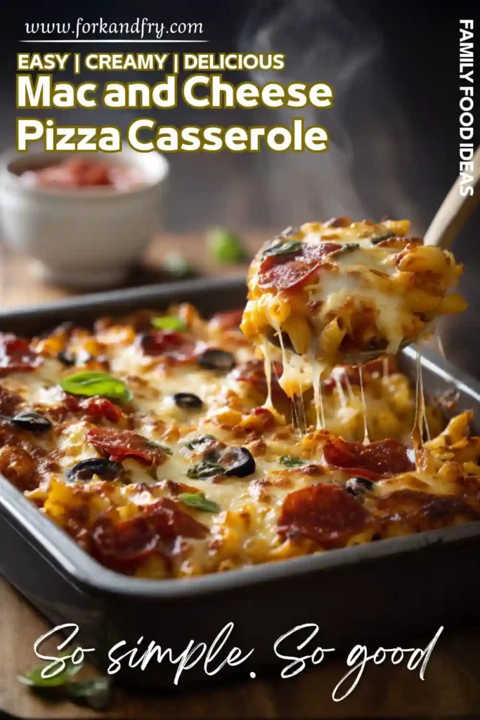 Hot mac and cheese pizza casserole with pepperoni, olives, and melted cheese being served from a baking dish