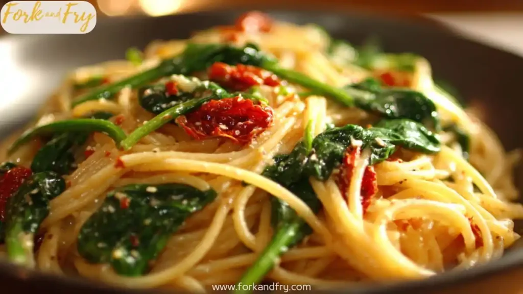 creamy spaghetti with wilted spinach sun dried tomatoes and parmesan in a black bowl