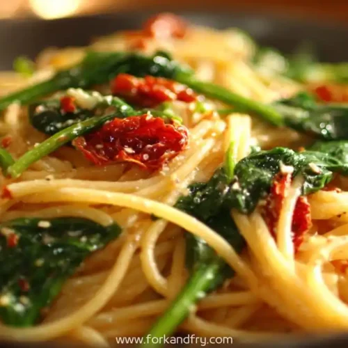 creamy spaghetti with wilted spinach sun dried tomatoes and parmesan in a black bowl