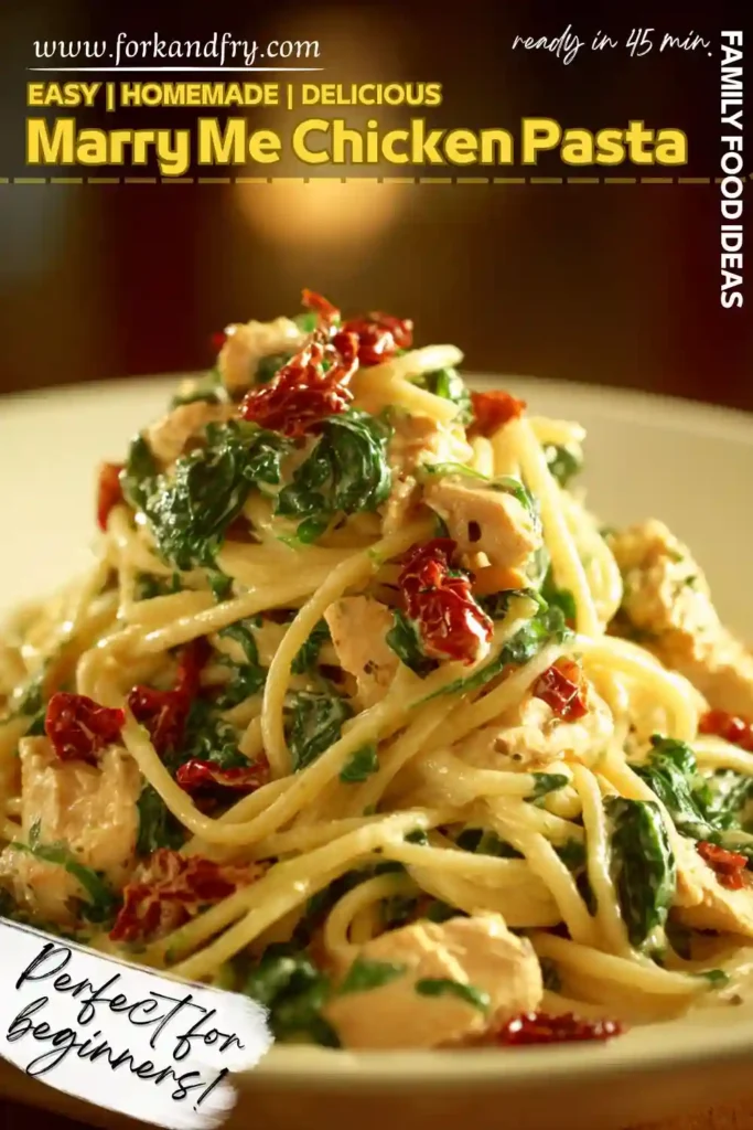 marry me chicken pasta with spinach and sun dried tomatoes creamy spaghetti with chicken spinach and sun dried tomatoes in a white bowl perfect for weeknight dinner