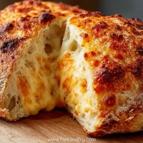 crusty round cheese bread torn open showing melted cheese and airy texture