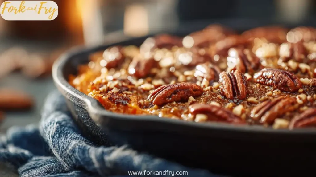 Creamy sweet potato casserole in a cast-iron skillet topped with glossy caramelized pecans, warm natural light.