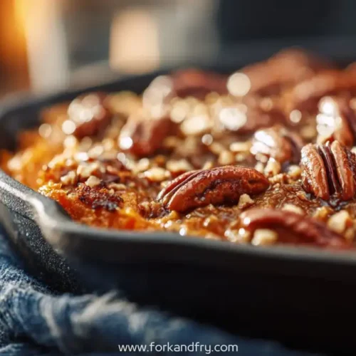 Creamy sweet potato casserole in a cast-iron skillet topped with glossy caramelized pecans, warm natural light.