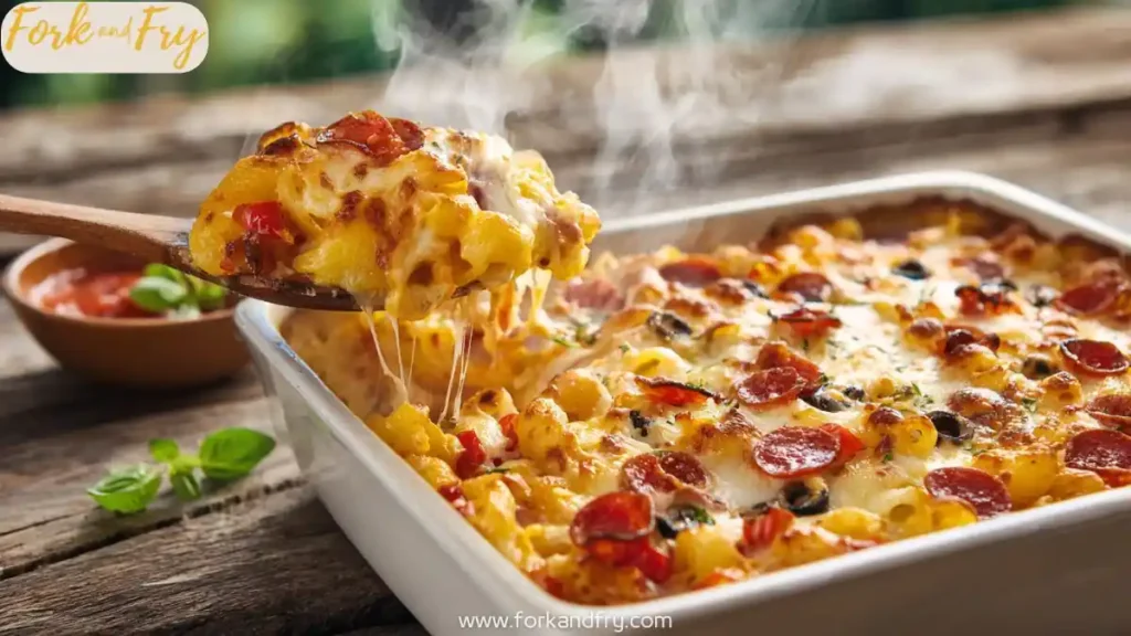 Cheesy pizza pasta bake with pepperoni, black olives, and melted mozzarella being served hot from casserole dish