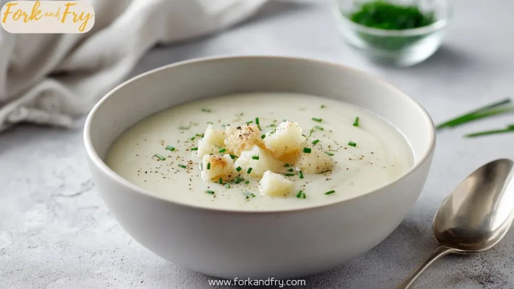 Creamy potato soup in a white bowl topped with diced potatoes, chives, and cracked pepper