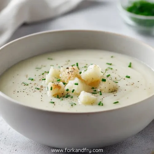 Creamy potato soup in a white bowl topped with diced potatoes, chives, and cracked pepper