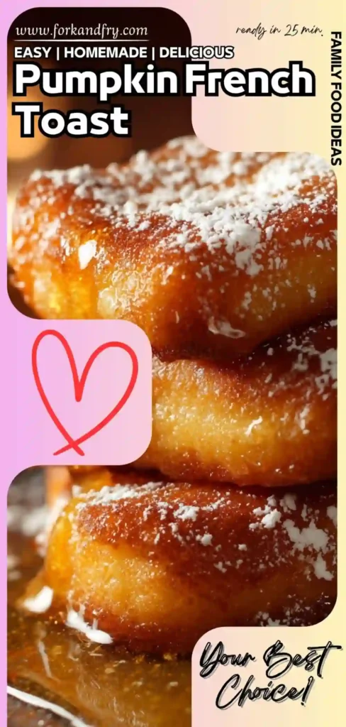 Pumpkin French toast rings topped with powdered sugar and syrup, styled with pastel design and heart illustration