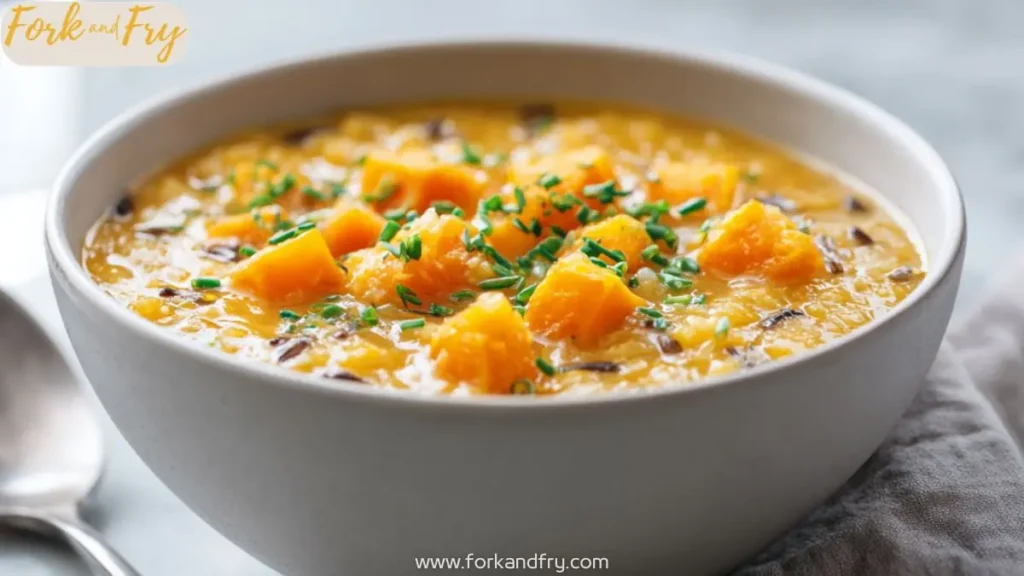 vegan pumpkin wild rice soup in a white bowl with diced squash and chopped chives