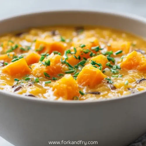 vegan pumpkin wild rice soup in a white bowl with diced squash and chopped chives