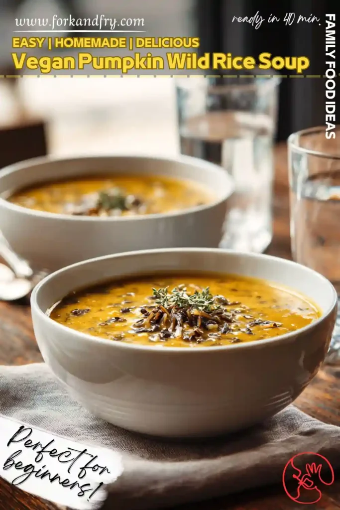 Creamy Vegan Pumpkin Wild Rice Soup Recipe bowl of vegan pumpkin wild rice soup topped with thyme on a wooden table