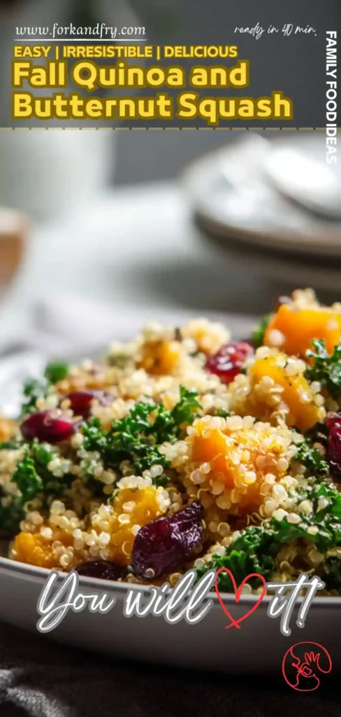 Easy Fall Quinoa Kale Salad with Butternut Squash | Ready in 40 Minutes vertical quinoa kale salad with butternut squash, cranberries, and text overlay for fall recipe