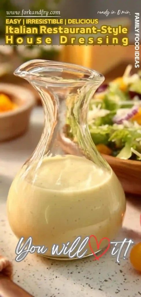 Italian Restaurant Style House Dressing Recipe tall image of creamy house dressing in clear pitcher with fresh salad in background