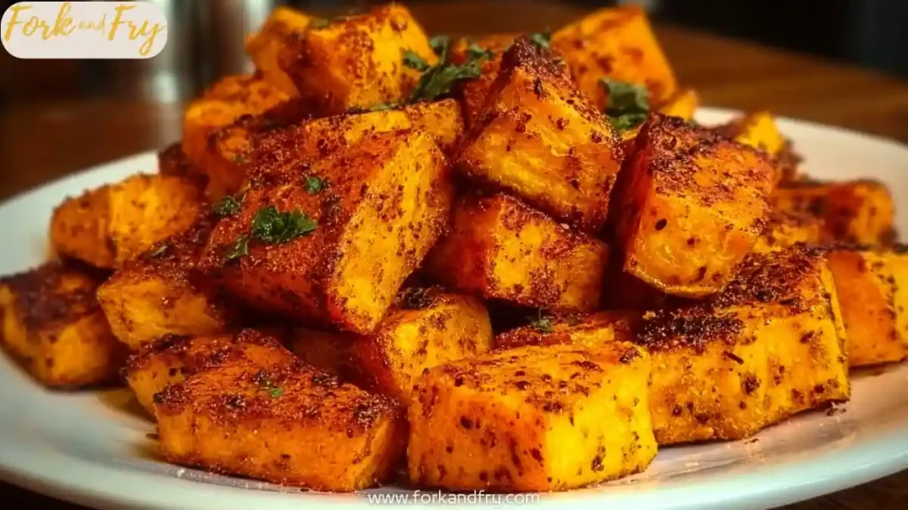 Crispy roasted sweet potato bites seasoned with herbs and spices on a white plate