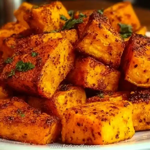 Crispy roasted sweet potato bites seasoned with herbs and spices on a white plate