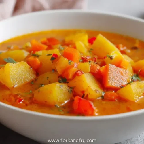 colorful root vegetable chowder with potatoes carrots and herbs in a white bowl