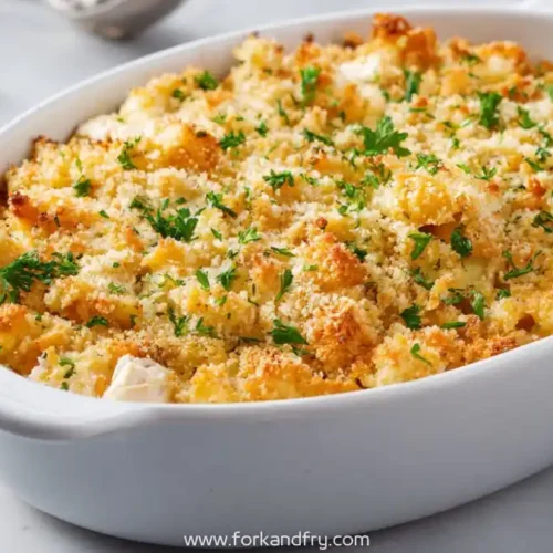 baked rotisserie chicken casserole in white dish topped with golden breadcrumbs and parsley