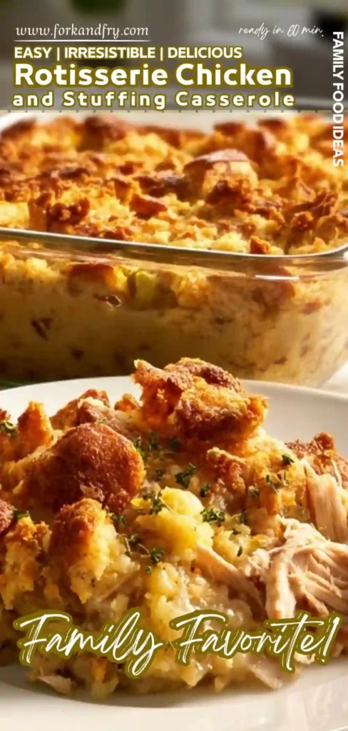 Rotisserie Chicken and Stuffing Casserole for Easy Dinners closeup of rotisserie chicken and stuffing casserole with golden crust on plate