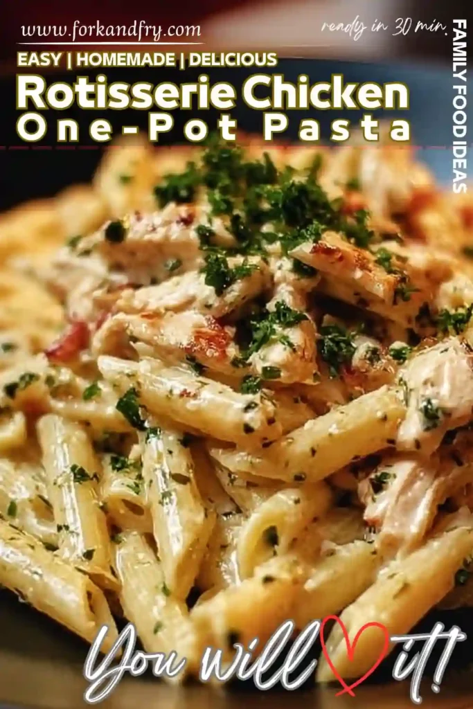 One Pot Rotisserie Chicken Pasta One-pot rotisserie chicken pasta with creamy sauce, chopped herbs, and penne in a dark bowl