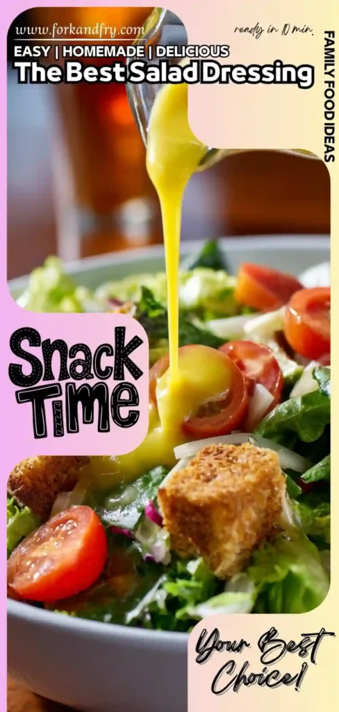 Fresh salad with croutons, cherry tomatoes, and creamy honey dressing being poured