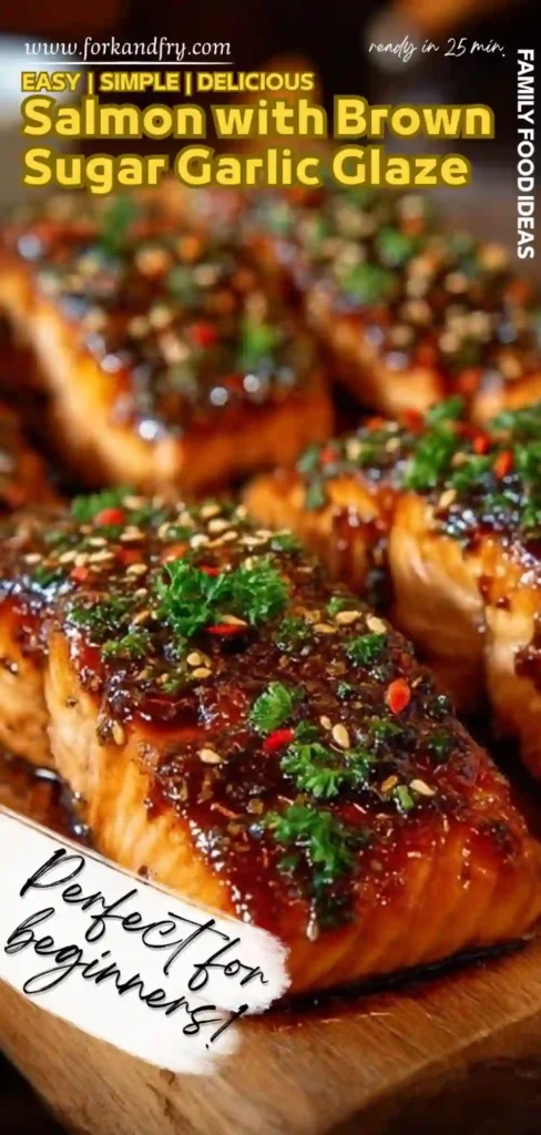 Brown sugar garlic glazed salmon fillets with sesame and herbs on wooden board