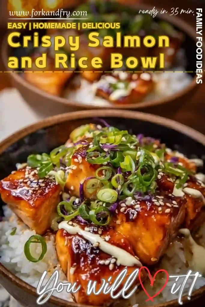 Crispy Salmon Rice Bowl with Glaze u0026 Scallions ā Easy Dinner Recipe Crispy glazed salmon over rice, topped with scallions, sesame seeds, and creamy drizzle in a rustic bowl