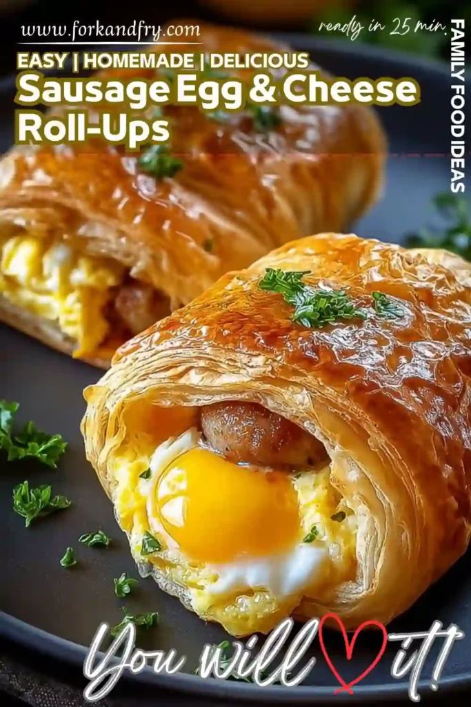 Sausage Egg u0026 Cheese Roll-Ups – Easy Flaky Breakfast Recipe Golden sausage, egg, and cheese roll-ups with flaky pastry and soft egg yolk on a black plate