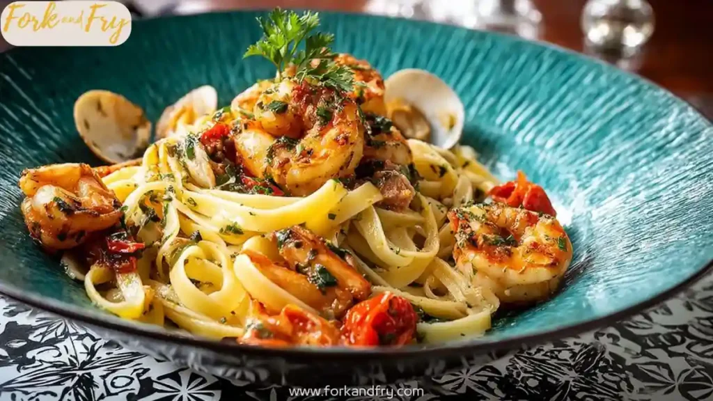 linguine pasta with grilled shrimp, clams, cherry tomatoes and herbs in turquoise bowl