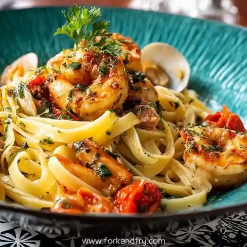 linguine pasta with grilled shrimp, clams, cherry tomatoes and herbs in turquoise bowl