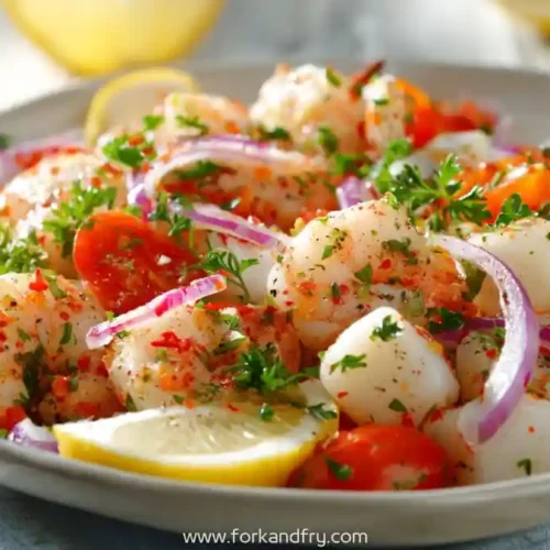 Refreshing seafood salad with shrimp, scallops, cherry tomatoes, red onions, parsley, and lemon wedges