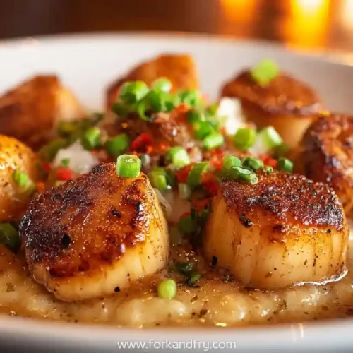 seared scallops with grits topped with green onions and seasoning in white bowl