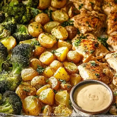 Roasted sheet pan with golden chicken thighs, crispy potatoes, broccoli, and dipping sauce on foil