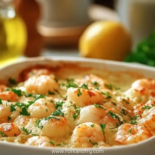 Creamy garlic shrimp bake topped with parsley in a white ceramic dish