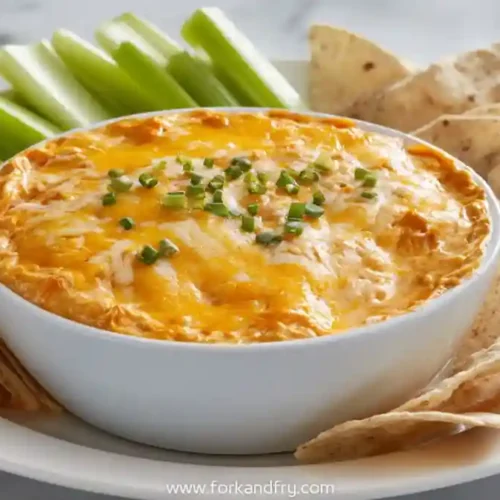 buffalo chicken dip in white bowl with chips and celery