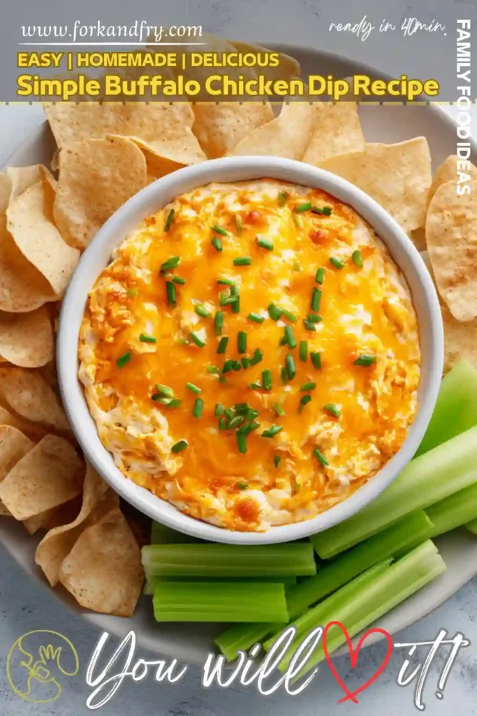 Simple Buffalo Chicken Dip with Cheese and Chip Scoop Creamy buffalo chicken dip topped with melted cheese served with tortilla chips and celery sticks. Ideal for parties and game day snacks.