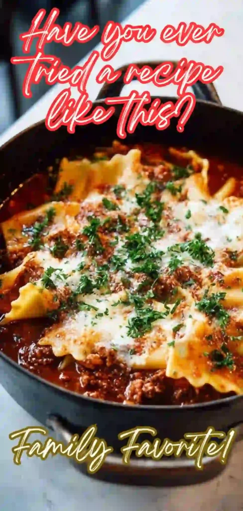 Skillet Lasagna – One-Pot Family Favorite with Bold Flavor Vertical image of cheesy skillet lasagna with meat sauce, melted cheese, and fresh herbs, with red and yellow text overlay