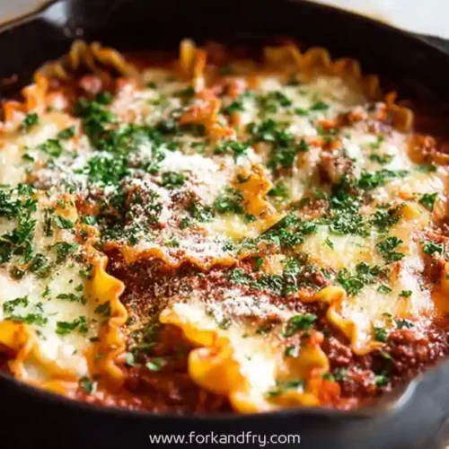 One-pot skillet lasagna with rich tomato sauce, pasta, melted cheese, and herbs served hot in a cast iron pan