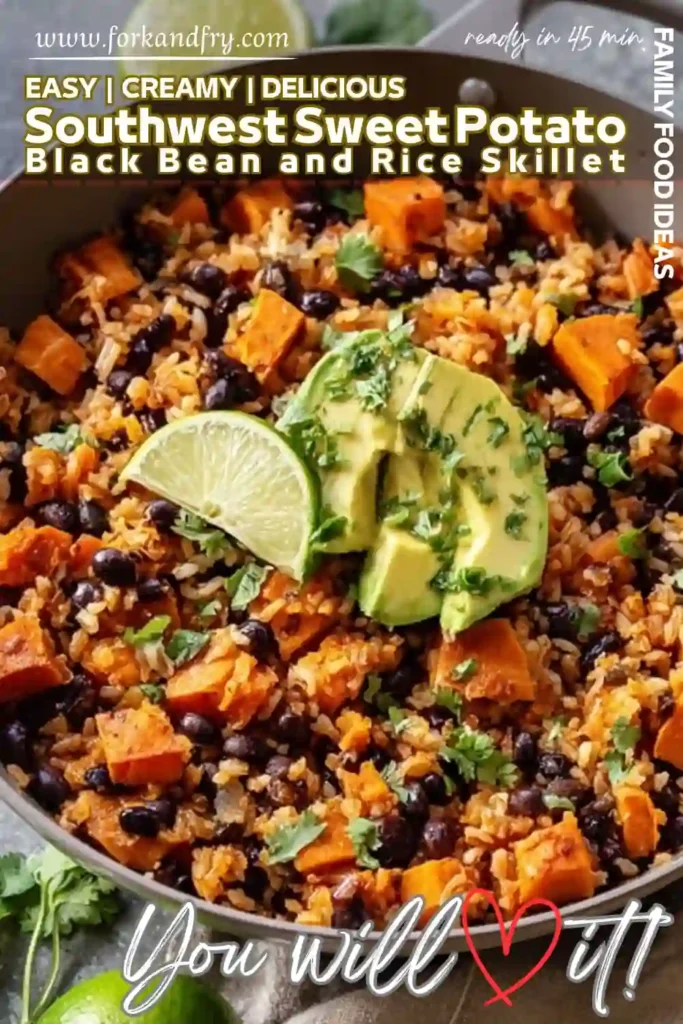 Southwest Sweet Potato Rice Skillet - Easy Weeknight Dinner Southwest sweet potato black bean rice skillet with lime and avocado slices, styled with bold text overlay